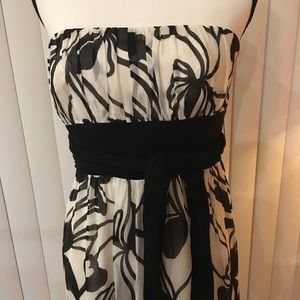 Ann Taylor Strapless black and white dress , pleat and black dressy fabric belt